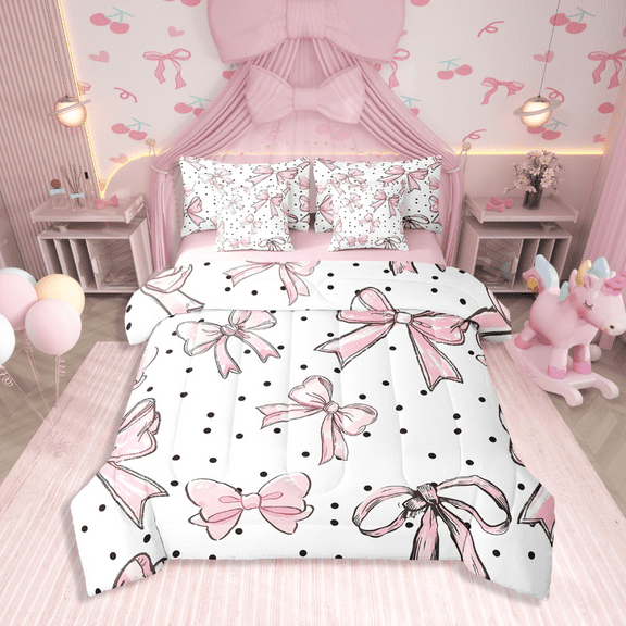 Erosebridal Kawaii Bowknot Bedding Sets Twin Size,Polka Dots Comforter Sets with Sheets,Cartoon Room Decor,Reversible,Lightweight,7-Piece