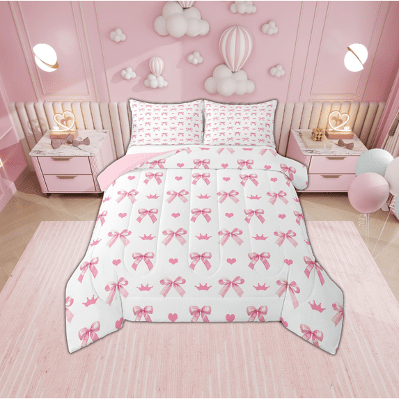 Erosebridal Kawaii Bowknot Bedding Twin Comforter Set,Love Heart Down Comforter,Dreamy Princess Bedding Sets Twin With Comforter,Lightweight Female Bedroom Decorative,Reversible,2-Piece
