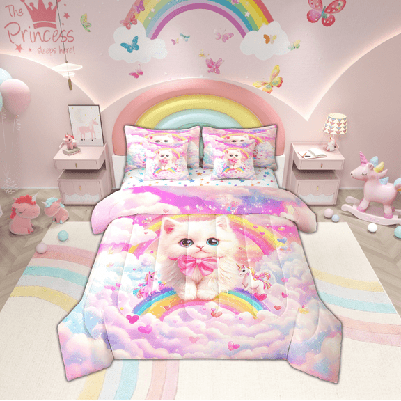 Erosebridal Kawaii Bowknot Cat Bedding Sets Twin Size , Cute Rainbow Unicorn Comforter Sets with Sheets, Breathable 7-Piece