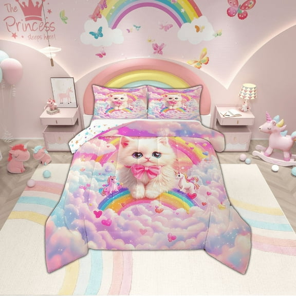 Erosebridal Kawaii Bowknot Cat Bedding Twin Comforter Set , Cute Rainbow Unicorn Down Comforter, Reversible 2pcs
