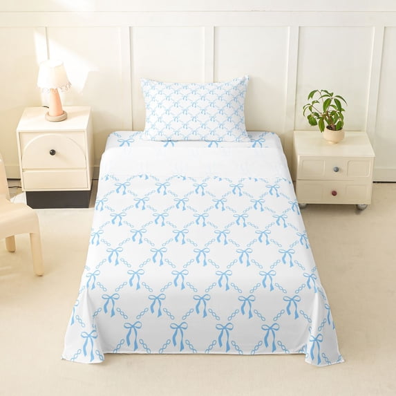 Erosebridal Kawaii Bowknot Dreamy Princess Twin Sheet Sets For Bows Lovers,Kawaii Bowknots Bow Tie Bedding,White Blue 3 Pieces