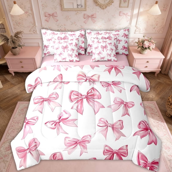 Erosebridal Kawaii Bowknot Bed In A Bag With Sheets Dreamy Princess Style Full Comforter Set 7 Piece Teen Women,Girly Cute Bow Bedding Set Pink Bow Tie Bed Set Bedroom Decor