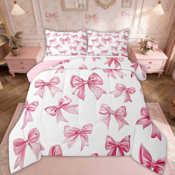 Erosebridal Kawaii Bowknot Bedding Set Dreamy Princess Style Comforter Set Full Teen Women,Girly Cute Bow Bedding Comforter Sets Pink Bow Tie Bed Duvet Set 2 Pillow Cases