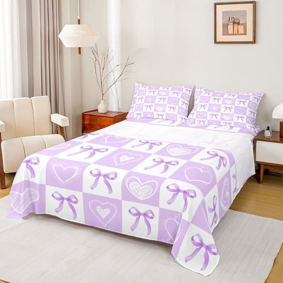 Erosebridal Kawaii Bowknot Queen Sheet Sets for Kids Girls, Cute Heart Bed Set, Purple White, 1 Flat Sheet, 1 Fitted Sheet and 2 Pillowcases