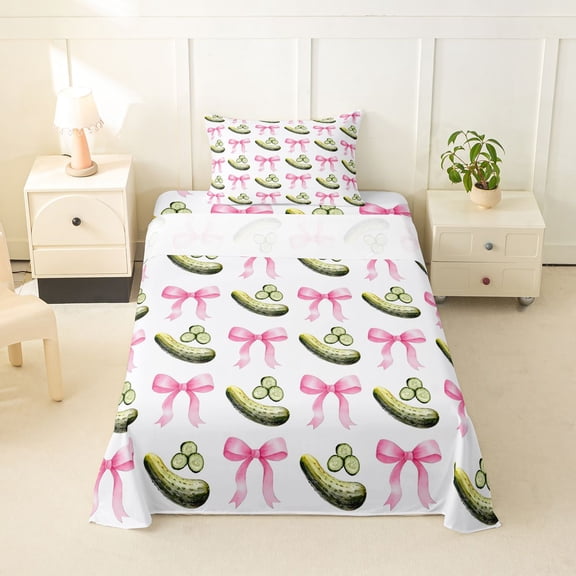 Erosebridal Kawaii Bowknot Twin Sheet Sets for Girls, Cute Pickles Bedding, 1 Flat Sheet, 1 Fitted Sheet and 1 Pillowcase