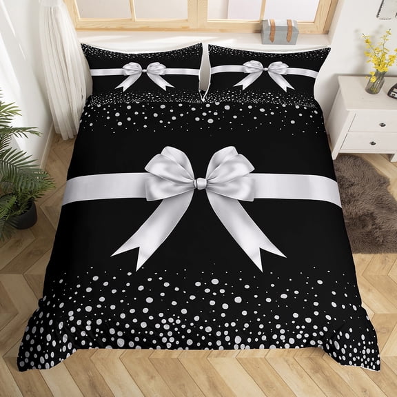 Erosebridal Kawaii Bowtie Duvet Cover Queen,Chic Glitters Print Bedding Sets Queen Size,White Black Comforter Cover Queen For Teens,Breathable Room Decor Reversible,3pcs（No Comforter）