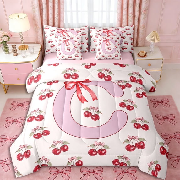 Erosebridal Kawaii Bowtie Letter C Monogrammed Bedding Comforter Set 7pcs,Dreamy Princess Bow Cherry Queen Bedding Sets,Pink Reversible,Super Cozy Room Decor