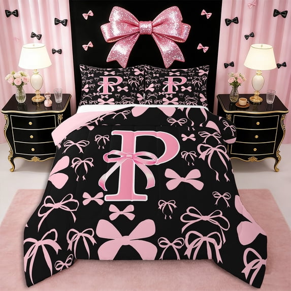 Erosebridal Kawaii Bowtie Letter P Monogrammed Full Size Comforter Sets 3 Pieces,Dreamy Princess Bow Bedding Sets,Pink Reversible,Super Cozy Room Decor