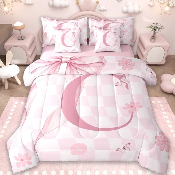 Erosebridal Kawaii Bowtie Ribbon 7pcs Bedding Comforter Set,Letter C Monogrammed Queen Bedding Sets For Girls Kids,Reversible pink