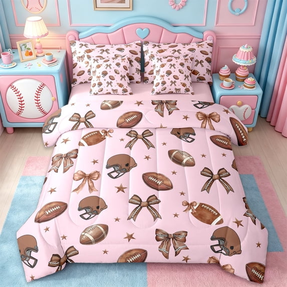 Erosebridal Kawaii Bowtie Stars 7-Piece Twin Bedding Sets,American Rugby Football Bedding Comforter Set For Girls Kids,Reversible pink