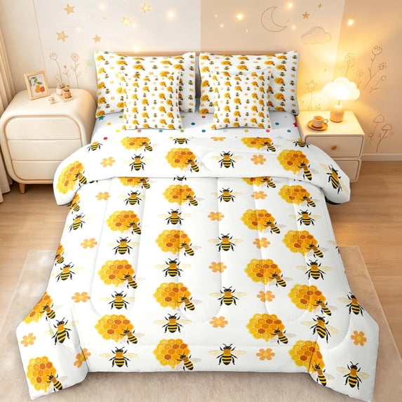 Erosebridal Kawaii Bug Bee 7-Piece Twin Bedding,Cartoon Floral Bedding Comforter Set,White Black,Polkadot Reversible