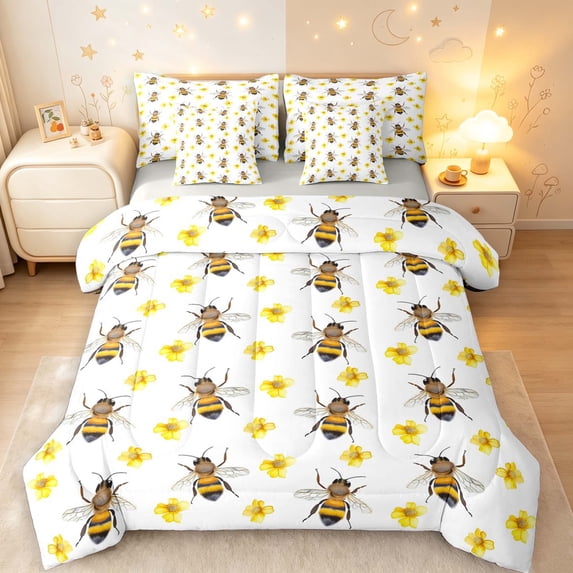 Erosebridal Kawaii Bug Bee 7 Pieces Full Size Bedding Sets,Lovely Floral Full Size Bed in a Bag,White Brown,Light Gray Reversible