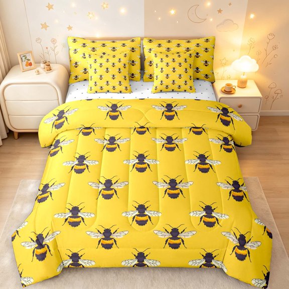 Erosebridal Kawaii Bug Bee 7 Pieces Full Size Bedding Sets,Vintage Wildlife Themed Full Size Bed in a Bag,Black Orange