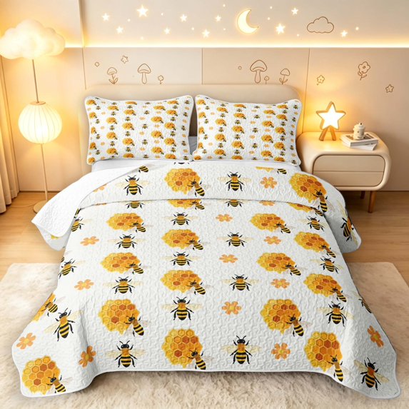 Erosebridal Kawaii Bug Bee Quilt Full,Cartoon Floral Full Bedspread Sets,White Black,3-Piece,1 Coverlet and 2 Pillowcases