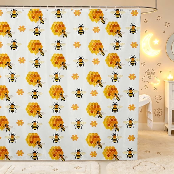Erosebridal Kawaii Bug Bee Shower Curtain 72Wx72L,Cartoon Floral Bathroom Curtain,White Black