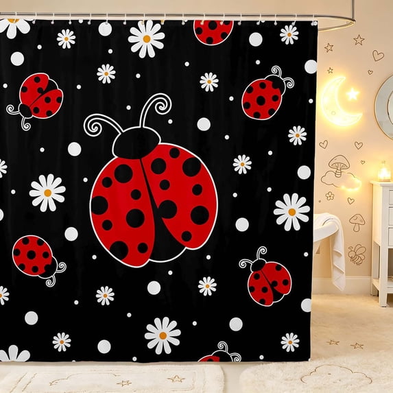 Erosebridal Kawaii Bug Ladybug Shower Curtain 72Wx84L,Lovely Daisy Flowers Bathroom Shower Curtain,Black Red