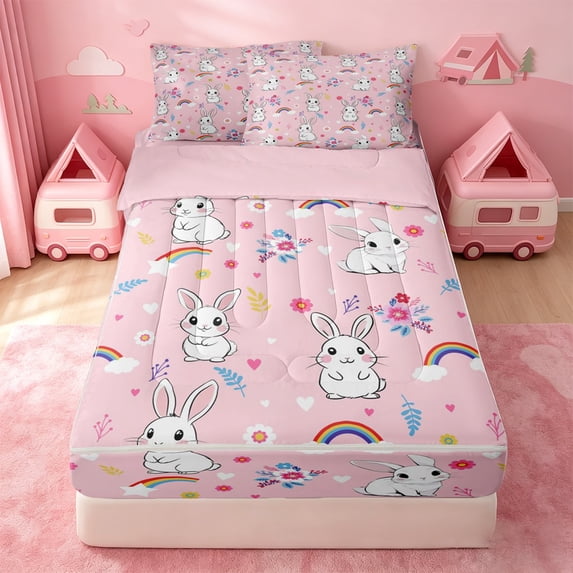 Erosebridal Kawaii Bunny Floral Zipper Queen Comforter Set with Fitted Sheet and 2 Pillowcases,White Rabbit Rainbow Flower Heart Zipper Bedding Set For Girls,Pink Reversible,4pcs