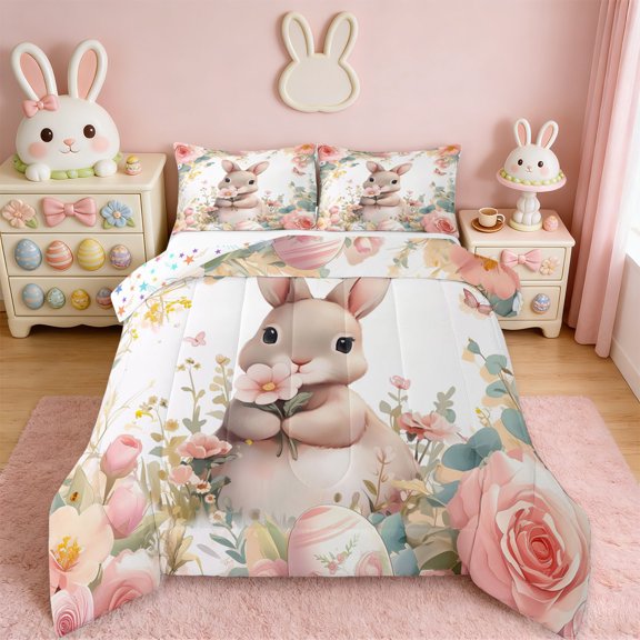 Erosebridal Bunny Easter Floral Queen 3-Piece Reversible Kids Pink Rustic Comforter Set