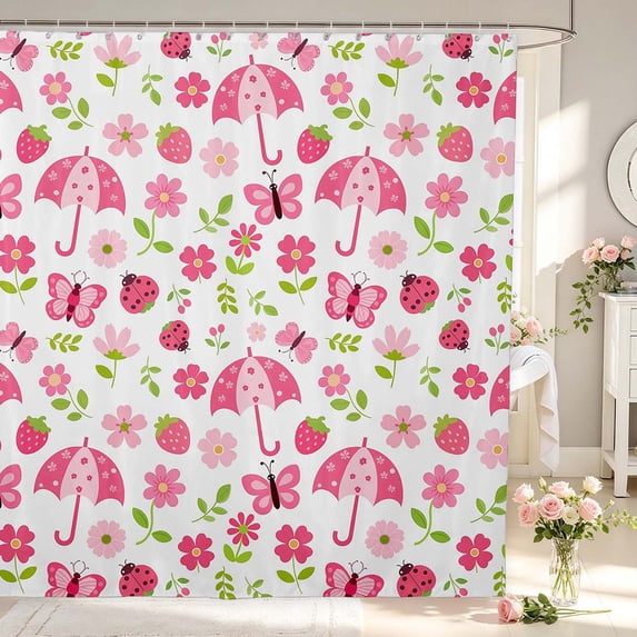 Erosebridal Kawaii Butterfly Flowers Shower Curtain 72Wx72L,Cute Bug Ladybug Bathroom Curtain,Red Pink