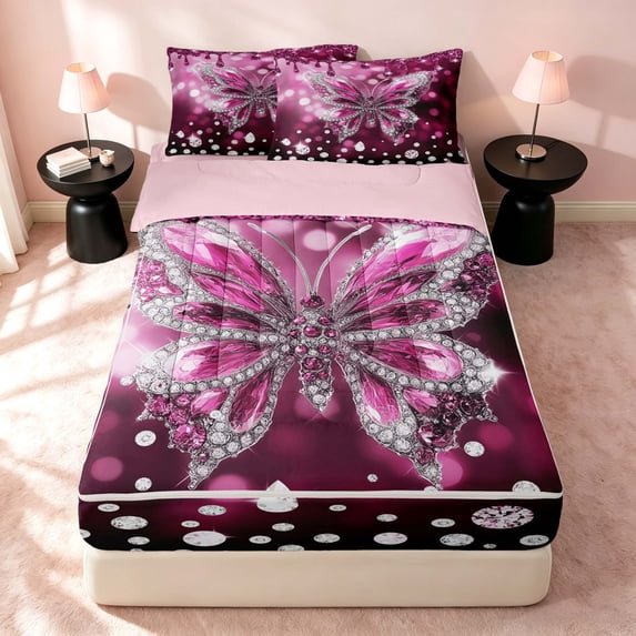 Erosebridal Kawaii Butterfly Zipper Full Size Comforter Sets with Fitted Sheet and 2 Pillowcases, Cartoon Sequins Print Zipper Bedding Set, Pink Reversible, Magenta Pink, Pink Reversible