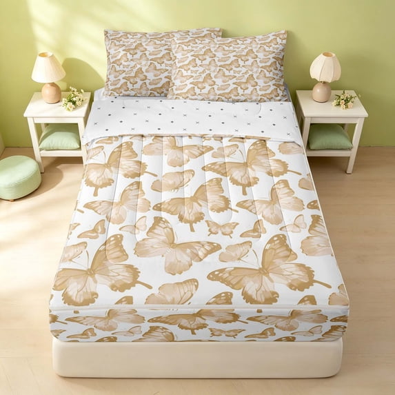 Erosebridal Kawaii Butterfly Zipper Queen Comforter Set with Fitted Sheet and 2 Pillowcases, Cartoon Animal Zipper Bedding Set, Reversible, Champagne Gold, Reversible