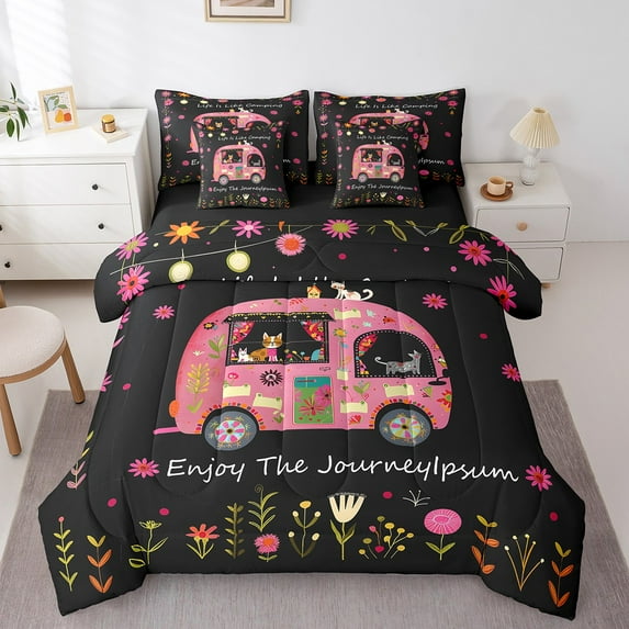 Erosebridal Kawaii Camping Car Bedding Twin Size, Rustic Camp Bedding Sets Twin Size, Groovy Flower Decor, Reversible 7pcs
