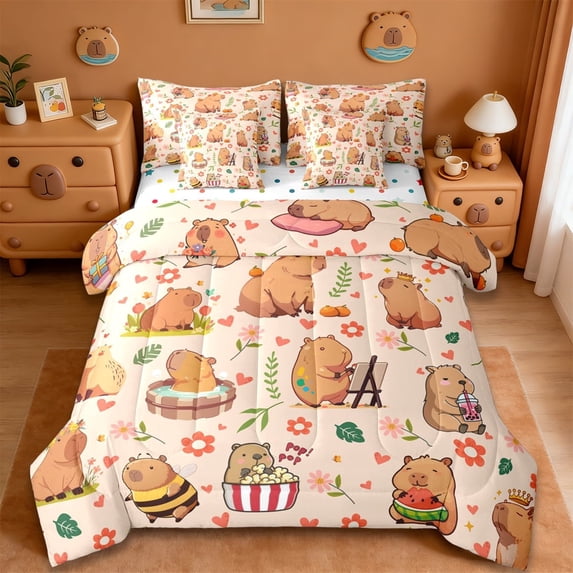 Erosebridal Kawaii Capybara 7-Piece Twin Bedding Sets,Cute Flowers Floral Bedding Comforter Set For Girls Kids Reversible