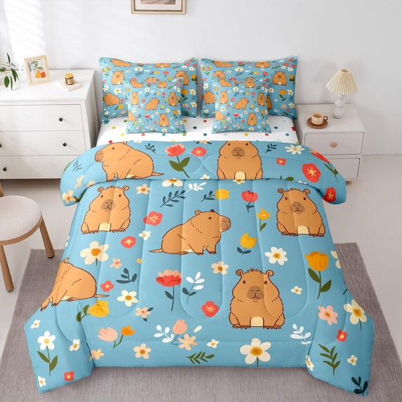 Erosebridal Kawaii Capybara Bedding Comforter Set 7-Piece For Boys Girls,Kids Chic Floral Flowers King Bedding Sets,Luxury Bedroom Decor