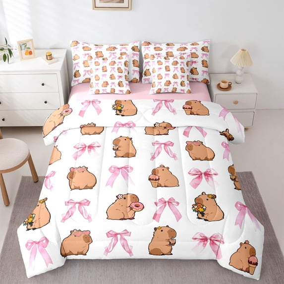 Erosebridal Kawaii Capybara Bedding Comforter Set 7-Piece For Children Boys Girls,Cute Ribbon Bow Donuts King Bedding Sets For Kids,Pink Reversible