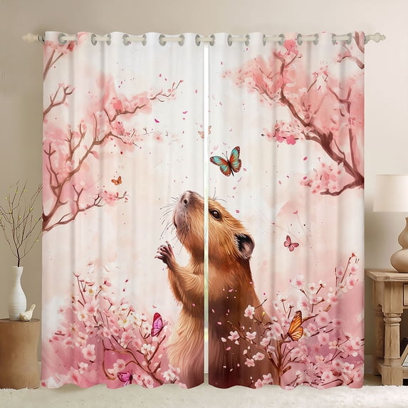 Erosebridal Kawaii Capybara Blackout Curtains Set of 2 (52x84 Each) For Kids,Cartoon Rodent Animals Pink Sakura Window Curtains For Girls