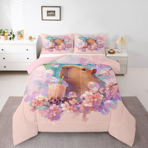 Erosebridal Kawaii Capybara Bubble Tea Queen Comforter Set 3pcs For Boys Girls,Kids Japanese Floral Sakura Bedding Comforter Set,Pink Reversible