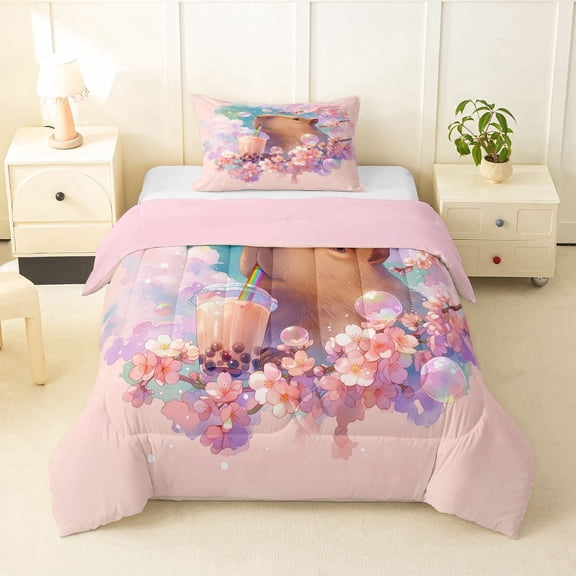 Erosebridal Kawaii Capybara Bubble Tea Twin Comforter Sets 3-Piece For Boys Girls,Kids Japanese Floral Sakura Bedding Set,Pink Reversible
