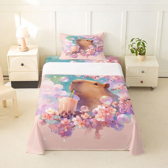 Erosebridal Kawaii Capybara Bubble Tea Twin Sheet Sets 3pcs For Boys Girls,Kids Japanese Floral Sakura Bedding,Ultra Soft Home Decor