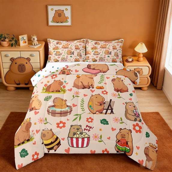 Erosebridal Kawaii Capybara Full Size Comforter Sets,Cute Flowers Floral Bedding Sets For Girls Kids Reversible 3-Piece