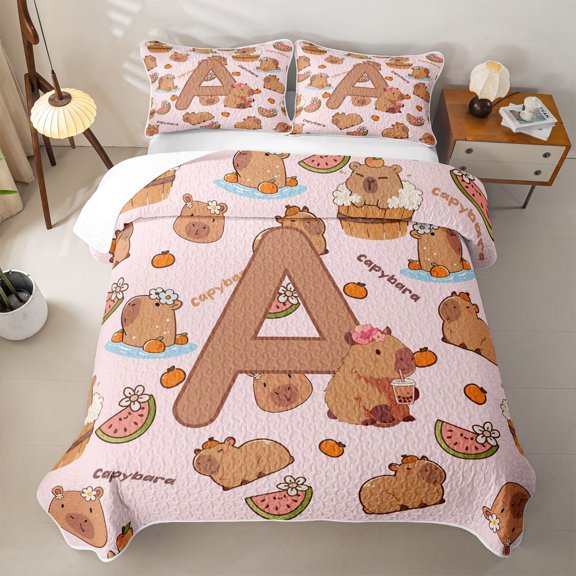 Erosebridal Kawaii Capybara Letter Monogrammed A Bed Spread Queen for Boys Girls,Cute Food Fruit Food Animal Queen Coverlet Set