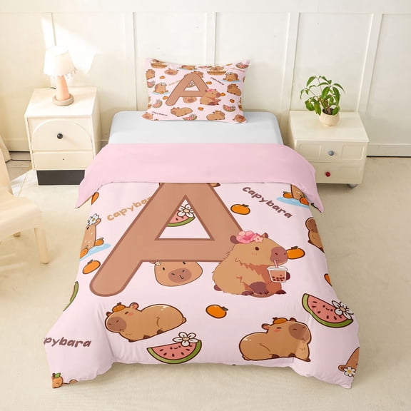 Erosebridal Kawaii Capybara Letter Monogrammed A Twin Bedding For Boys Girls,Cute Food Fruit Food Animal Duvet Cover Set For Kids,2pcs,No Comforter,Pink Reversible
