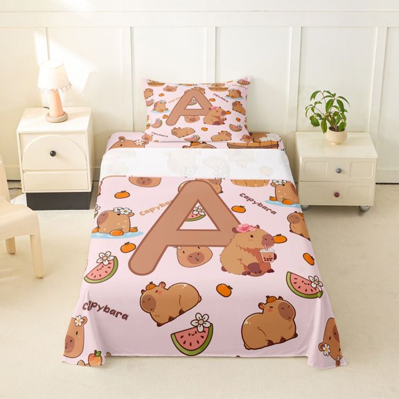 Erosebridal Kawaii Capybara Letter Monogrammed A Twin Sheet Sets 3pcs For Boys Girls,Cute Food Fruit Food Animal Bedding For Kids,Ultra Soft Home Decor
