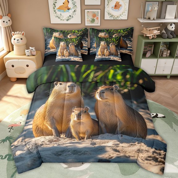 Erosebridal Kawaii Capybara Print Twin Bedding Sets for Kids, Animal Family Bedding Comforter Set, 7 Pieces