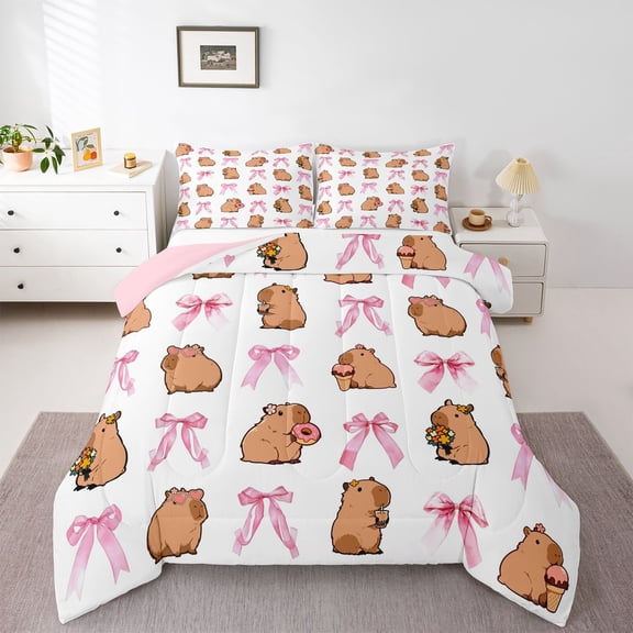 Erosebridal Kawaii Capybara Queen Comforter Set 3pcs For Children Boys Girls,Cute Ribbon Bow Donuts Bedding Comforter Set For Kids,Pink Reversible