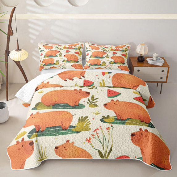 Erosebridal Kawaii Capybara Quilt Full for Boys Girls, Summer Leaf Plant Full Bedspread Sets, 3 Pieces