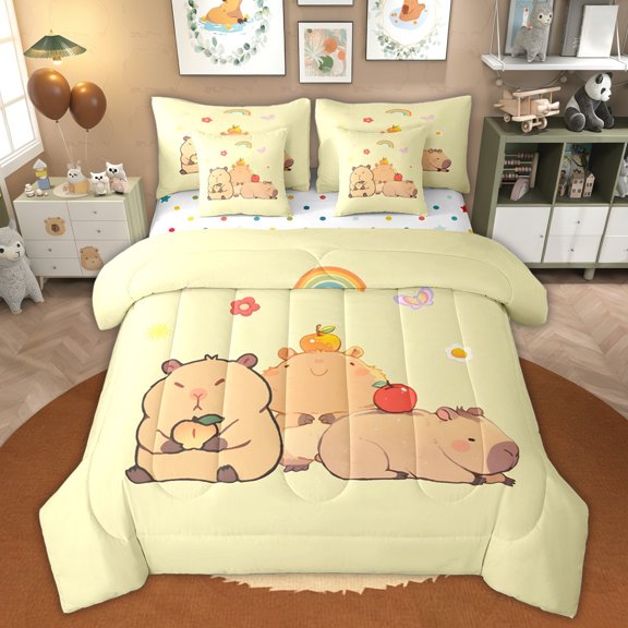Erosebridal Kawaii Capybara Twin Bedding Sets for Kids, Cartoon Animal Lover Bedding Comforter Set, 7pcs