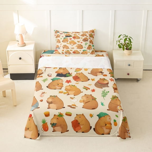 Erosebridal Kawaii Capybara Twin Sheet Sets 3pcs For Kids,Cartoon Flowers Animal Bedding For Boys Girls,Ultra Soft Home Decor