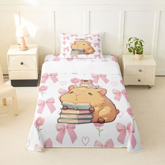 Erosebridal Kawaii Capybara Twin Sheet Sets,Pink Bow Cute Bowknot Bedding For Girls Kids 3 Pieces