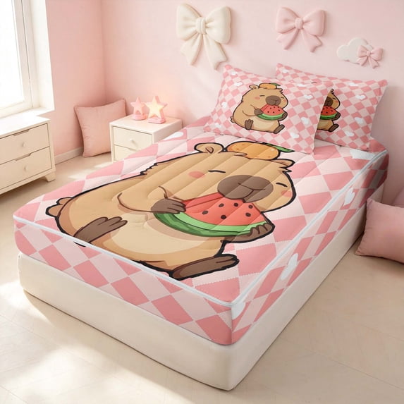 Erosebridal Kawaii Capybara Zipper Queen Comforter Set with Fitted Sheet and 2 Pillowcases, Cute Animal Zipper Bedding Set, Pink Reversible