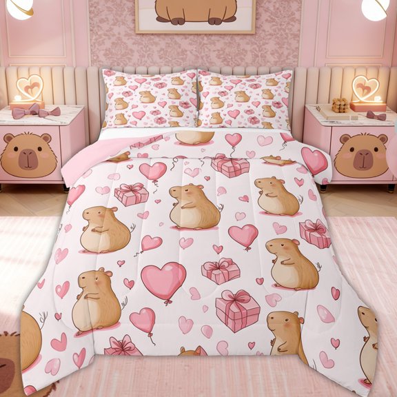 Erosebridal Kawaii Capybara kid Queen Comforter Set, Love Heart Balloon Bedding Comforter Set, Pink, 3pcs