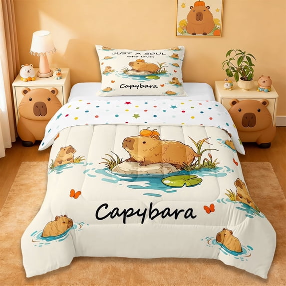 Erosebridal Kawaii Capybaras Twin Comforter Sets For Capybara Lover,Cute Animal Capybara Decorations Bedding Set For Kids Reversible 2 Pieces