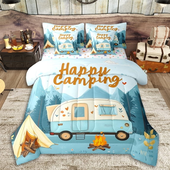 Erosebridal Kawaii Car Bedding Comforter Set 7pcs for Boys Girls,Happy Camping Queen Bedding Sets for Kids Teens,Super Cozy Room Decor