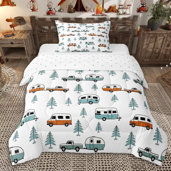 Erosebridal Kawaii Car Twin Comforter Sets 3-Piece for Boys Girls,Happy Camping Bedding Set for Kids Teens,Lightweight Room Decor