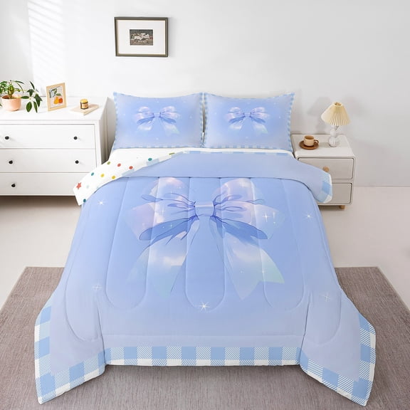 Erosebridal Kawaii Cartoon Bow Bedding Sets Twin with Comforter, Geometric Gradient Grid Duvet Insert, Reversible 2 Pieces