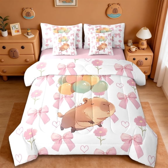 Erosebridal Kawaii Cartoon Capybara 7-Piece Twin Bedding Sets,Funny Animals Pink Bows Print Bedding Comforter Set For Kids ,Reversible Pink